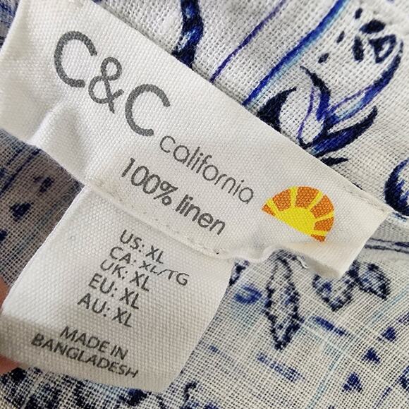 C & C California Linen Shirt Palm Trees Flamingo XL Blue White Coastal Resort - Picture 10 of 11